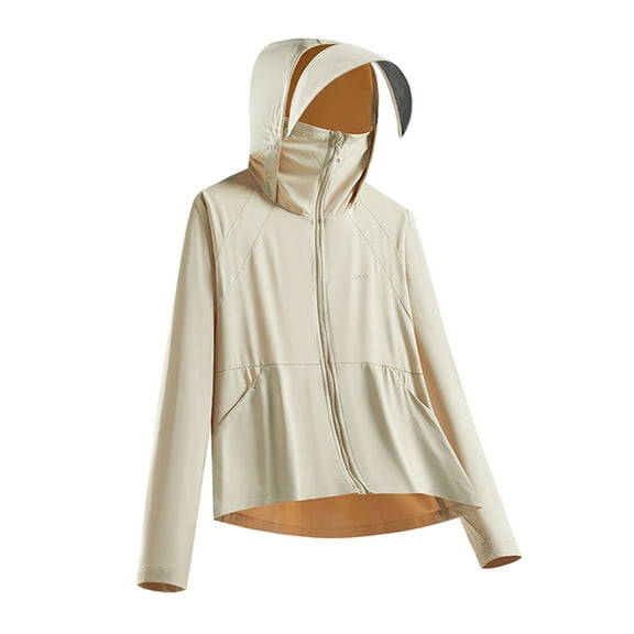 Htigea Women's UPF 50+ Sun Protection Jacket Lightweight Cool UV Shirt Rash Guard Long Sleeve Tops with Hoodie Brim Thumb Hole Pockets Beige,4XL