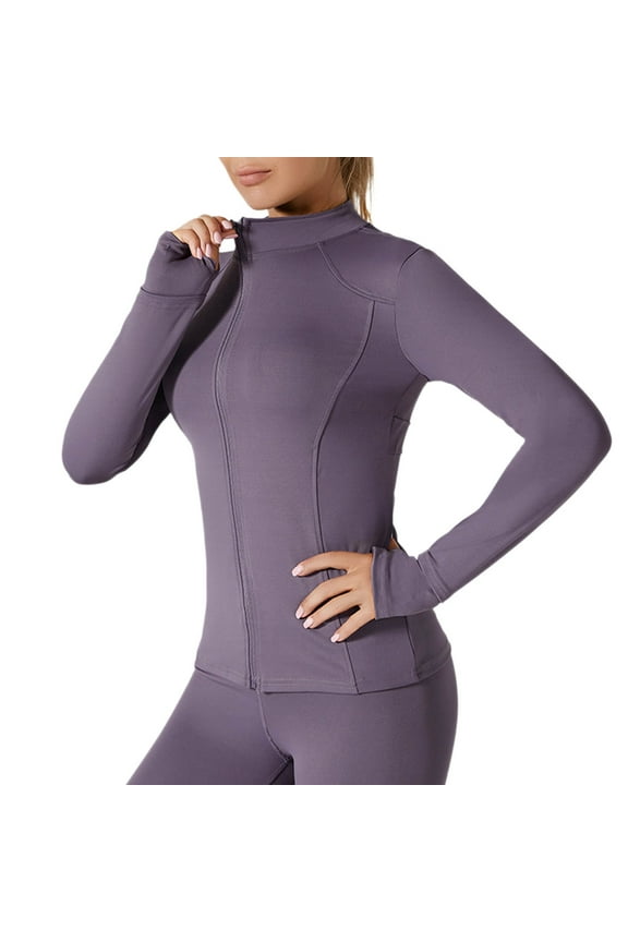 Women's UPF 50+ Workout Jackets Lightweight Zip Up Yoga Jacket Sun Protection Tops with Thumb Hole Back Mesh Splice Breathable Coat Purple,S