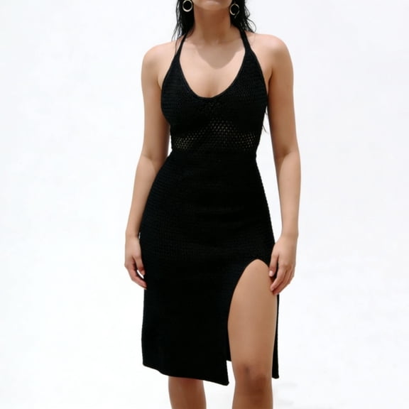 Htigea Women's V-Neck Halter Dress Knitted Hollow Out Swimwear Cover Up Sleeveless Crochet High Slit Beach Dresses Black S