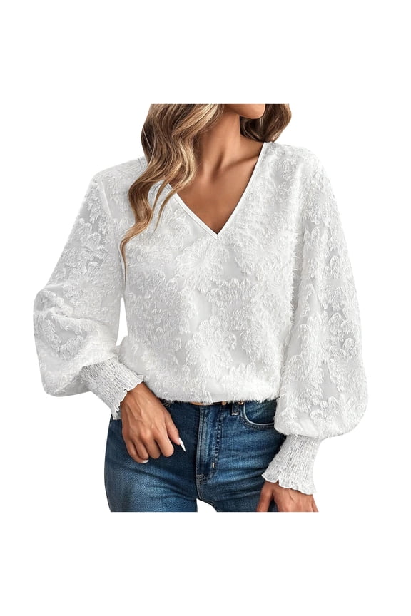 Women's V Neck Long Sleeve Shirts with Ruffle Cuffs Elegant Dressy Work Blouse Top White S