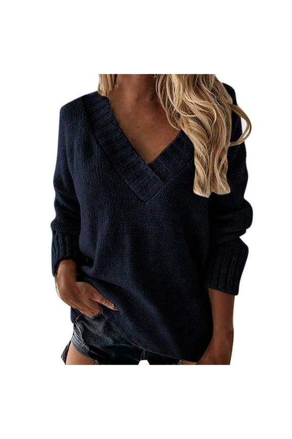 Women's V-Neck Long Sleeve Sweater Solid Knit Jumper Casual Loose Fit Pullover Tops Fall Trendy Knitwear Navy XXXL