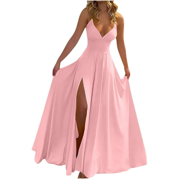 Htigea Women's V Neck Prom Dresses Bridesmaid Long Dresses Side Split Evening Dresses Formal Dresses Sleeveless Cocktail Dress Pink,3XL