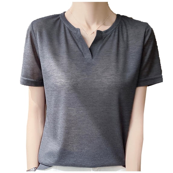 Htigea Women's V Neck Pullover T-Shirt Summer Thin Short Sleeve Tops Solid Color Casual Loose Tee Gray L