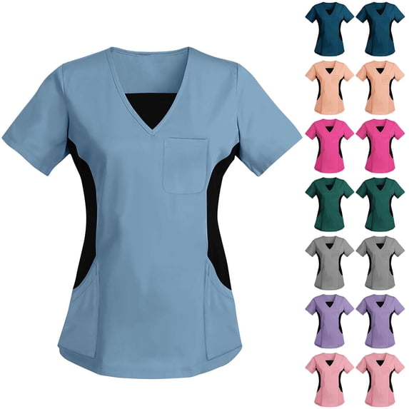 Htigea Women's V-Neck Scrub Top with 3 Pockets Stretch Medical Uniform Gray,M