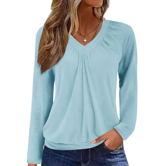Htigea Women's V-Neck Shirts Fall Long Sleeve Top Casual Pleated Pullover Soft Comfy Everyday T Shirt Light Blue L
