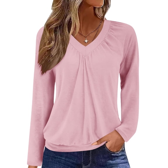Htigea Women's V-Neck Shirts Fall Long Sleeve Top Casual Pleated Pullover Soft Comfy Everyday T Shirt Pink S