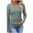 thumbnail image 1 of Htigea Women's V Neck Shirts Textured Long Sleeve Tops Side Ruched Slimming Pullover Solid Fall Shirt Green XXL, 1 of 6