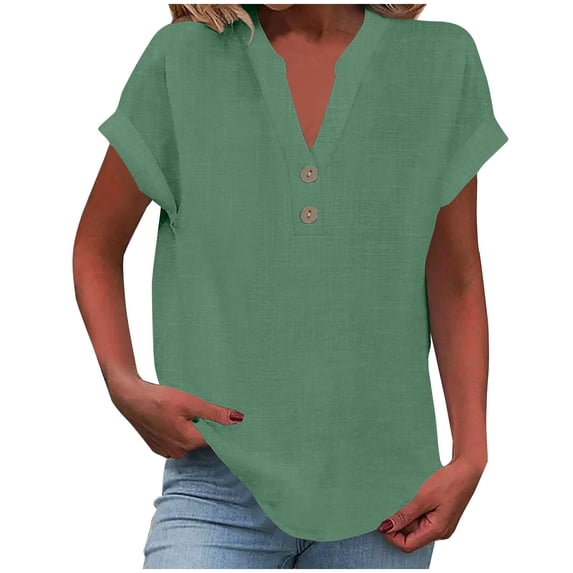 Htigea Women's V-Neck Short Sleeve T Shirts Cotton Linen Beach Tees Casual Loose Fit T-Shirt Summer Solid Color Vacation Tops Green XXXXL