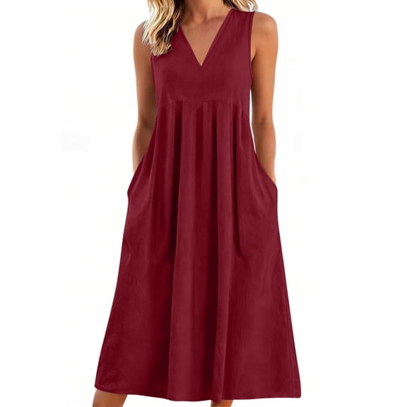 Htigea Women's V-Neck Sleeveless Midi Dress Solid Summer Casual A-Line Dresses with Pockets Casual Beach Vacation Sundress Wine XL