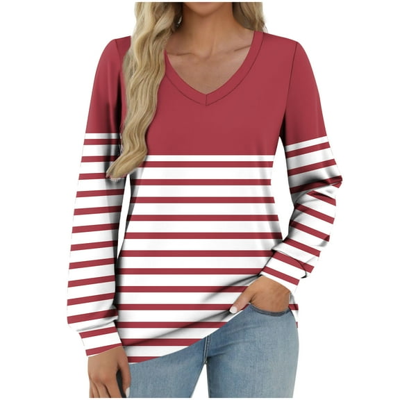 Htigea Women's V-Neck Sweatshirts Casual Loose Tunic Tops Trendy Striped Color Block Pullover Dressy Work Shirts Wine XL