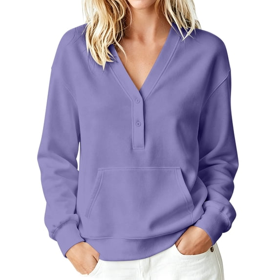 Htigea Women's V-Neck Sweatshirts Long Sleeve 2 Button Pullover Fall Winter Kangaroo Pocket Tops with Thin Fleece Lined Purple XXL