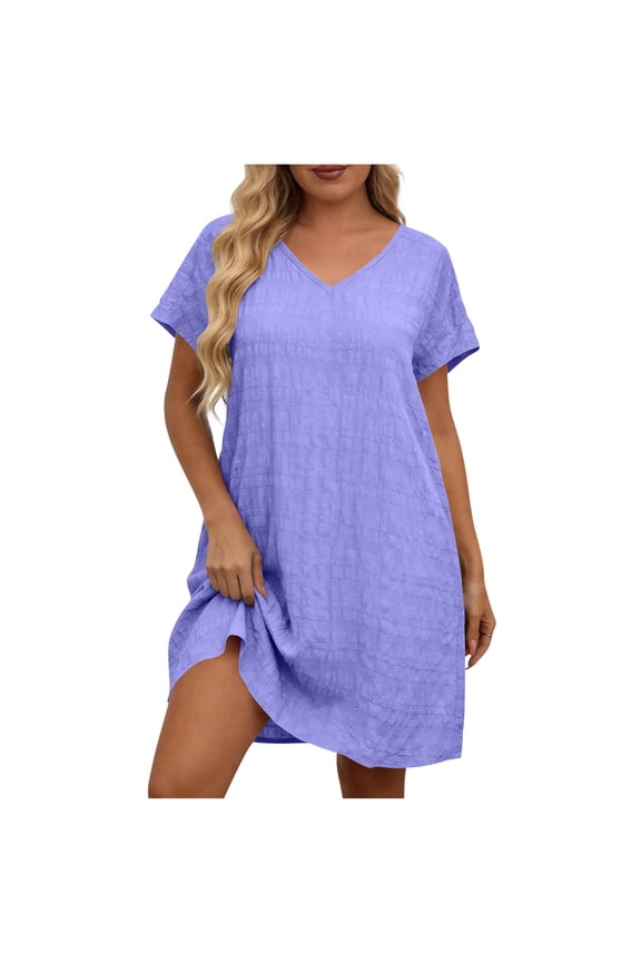Women's V Neck T-Shirt Dress Summer Short Sleeve Mini Dresses Solid Color Casual Loose Fit Basic Dress Purple XXXXXL