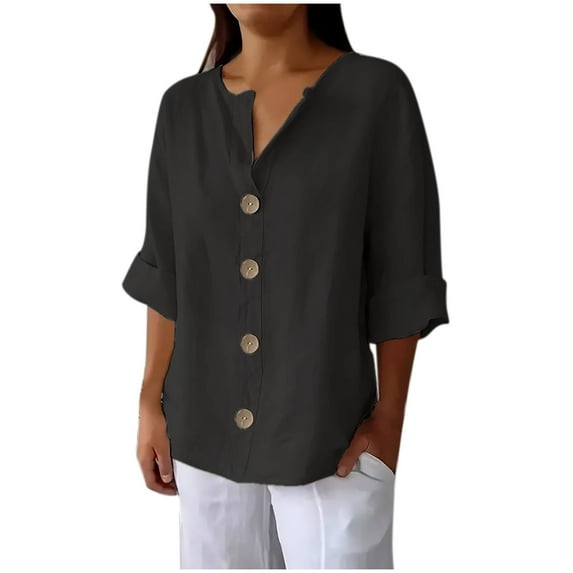 Htigea Women's V Neck T-Shirts Cotton Linen 3/4 Sleeve Buttons Tops Casual Loose Pullover Plain Tops Black,3XL