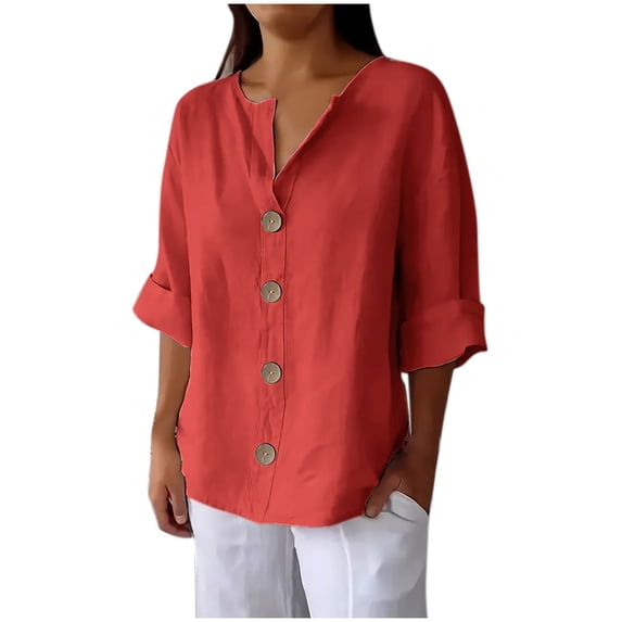 Htigea Women's V Neck T-Shirts Cotton Linen 3/4 Sleeve Buttons Tops Casual Loose Pullover Plain Tops Red,4XL