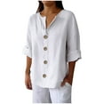 thumbnail image 1 of Htigea Women's V Neck T-Shirts Cotton Linen 3/4 Sleeve Buttons Tops Casual Loose Pullover Plain Tops White,2XL, 1 of 6
