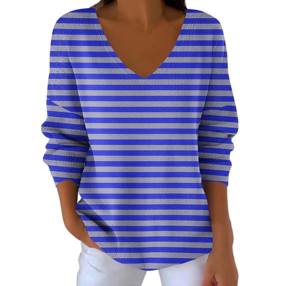 Htigea Women's V-Neck T-Shirts Striped Long Sleeve Casual Loose Fit Tops Fall Trendy Everyday Pullover Shirts Blue XXXL