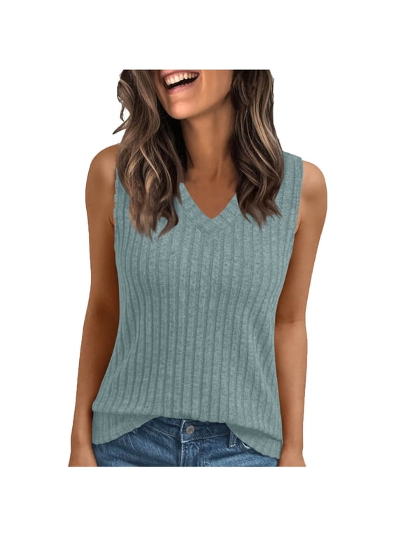 Women's V-Neck Tank Top Summer Sleeveless Ribbed Shirts Casual Loose Fit Everyday Undershirt Tees Light Blue L