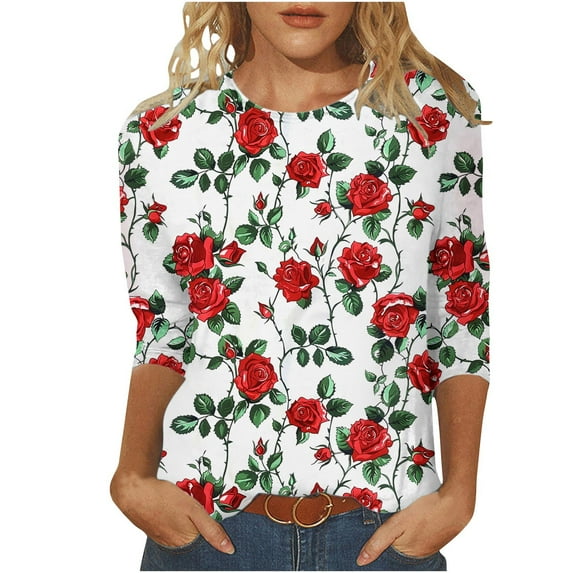 Htigea Women's Valentines 3/4 Sleeve T-Shirts Romantic Rose Printed Shirts Half Sleeve Crewneck Tunic Tops Tees Soft Cozy Pullover Blouses Spring Clothes White,XL