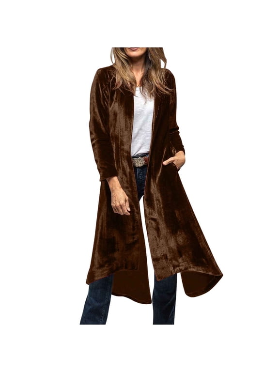Women's Velvet Long Cardigans Elegant Back Split Open Front Coats Dressy Party Evening Tops with Pockets Brown L
