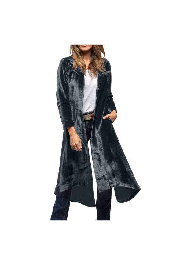 Women's Velvet Long Cardigans Elegant Back Split Open Front Coats Dressy Party Evening Tops with Pockets Gray L