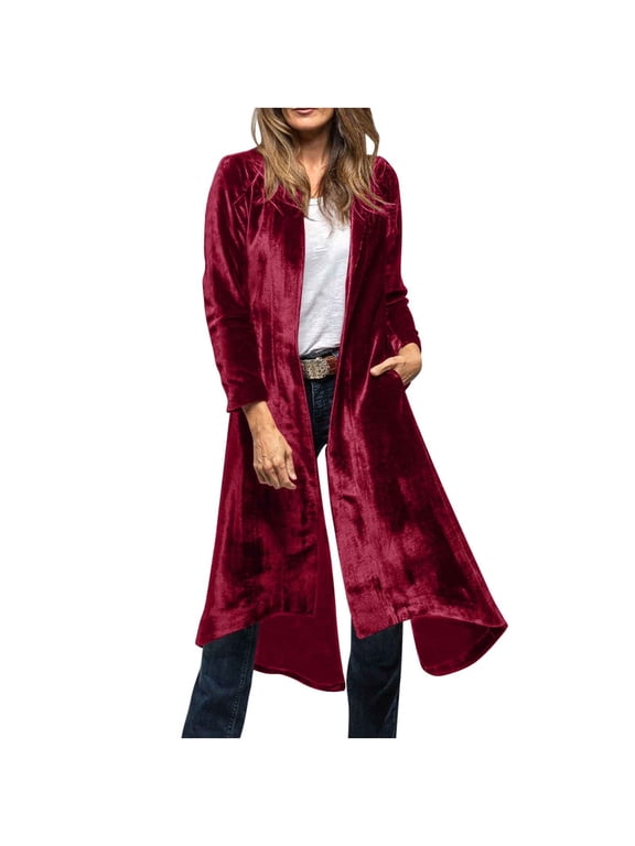 Women's Velvet Long Cardigans Elegant Back Split Open Front Coats Dressy Party Evening Tops with Pockets Wine S