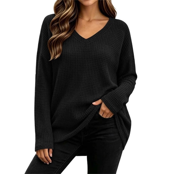 Htigea Women's Waffle Knit Tops Oversized Long Sleeve V Neck Shirts Slouchy Drop Shoulder Casual Pullover Fall Outfits Black M