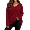 thumbnail image 1 of Htigea Women's Waffle Knit Tops Oversized Long Sleeve V Neck Shirts Slouchy Drop Shoulder Casual Pullover Fall Outfits Wine L, 1 of 9