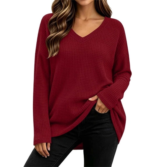 Htigea Women's Waffle Knit Tops Oversized Long Sleeve V Neck Shirts Slouchy Drop Shoulder Casual Pullover Fall Outfits Wine L
