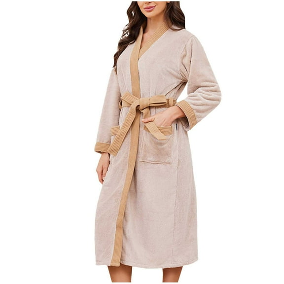 Htigea Women's Warm Bathrobe Fleece Belted Kimono Robe for Shower Spa Comfy Nightgown Casual Homewear with Pockets Khaki,S