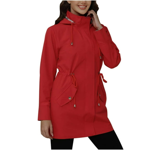 Htigea Women's Windbreaker Coat Windproof Drawstring Waist Hooded Jackets Mid-Length Outdoor Work & Athletic Overcoat Red S