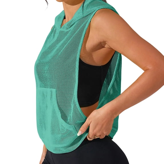 Htigea Women's Workout Tank Tops Mesh Sleeveless Running Athletic Hoodie Summer Hooded Gym Exercise Tees Green M