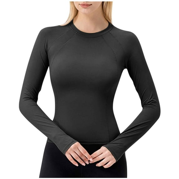 Htigea Women's Yoga Tshirts UPF 50+ Sun Protection Long Sleeve Quick Dry Stretchy Slim Workout Running Jogger Shirts Black,M