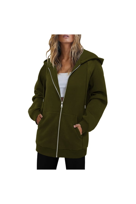 Women's Zip Up Long Hoodies Solid Color Fleece Sweatshirts Coats Drawstring Hooded Jackets with Pockets Army Green L