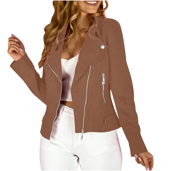 Htigea Women's Zip Up Short Jacket Notched Lapel Long Sleeve Coat Trendy Motorcycle Biker Jackets with Pockets Brown S
