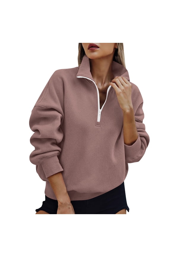 Womens 1/4 Zip Up Sweatshirts Casual Loose Fit Pullover Thin Fleece Long Sleeve Tops Lightweight Sweatshirt Coffee S