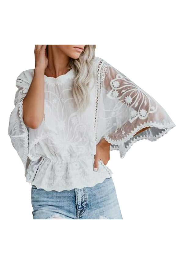Womens 3/4 Batwing Sleeve T-Shirts Elastic Waist Lace Tops Trendy Party Going Out Blouse Summer Tees White,S