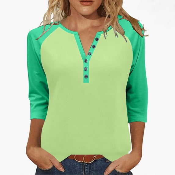 Htigea Womens 3/4 Length Sleeve Tops Raglan Shirts Dressy Button V Neck Henley Shirt Casual Trendy Color Block Tunic Tees Green M