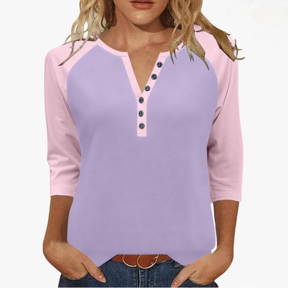 Htigea Womens 3/4 Length Sleeve Tops Raglan Shirts Dressy Button V Neck Henley Shirt Casual Trendy Color Block Tunic Tees Purple XL