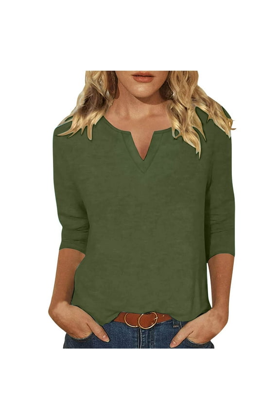 Womens 3/4 Length Sleeve Tops Solid Color V-Neck Tunic Blouse Casual Loose Fit Pullover Tees Lightweight Three Quarter Sleeves Shirts Army Green XXL