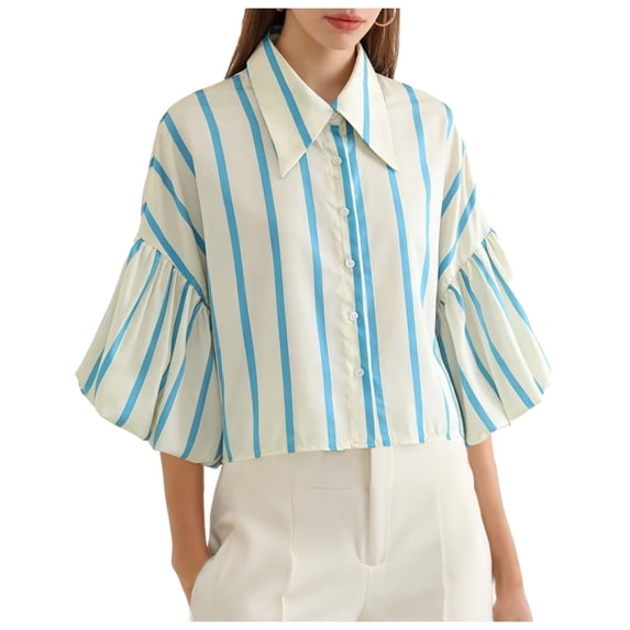 Htigea Womens 3/4 Ruffle Sleeve T-Shirts Summer Crop Tops Collared Button Down Blouses Cute Tees Light Blue S