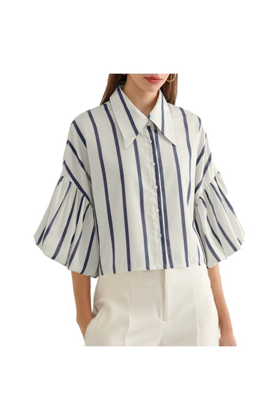 Womens 3/4 Ruffle Sleeve T-Shirts Summer Crop Tops Collared Button Down Blouses Cute Tees Navy M
