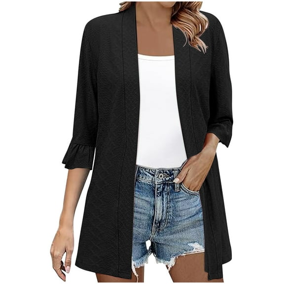Htigea Womens 3/4 Sleeve Cardigan Eyelet Hollow Out Open Front Soft Drape Fall Cardigan Black,XL