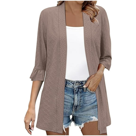 Htigea Womens 3/4 Sleeve Cardigan Eyelet Hollow Out Open Front Soft Drape Fall Cardigan Khaki,M