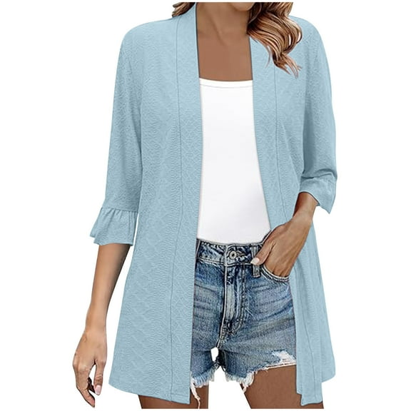 Htigea Womens 3/4 Sleeve Cardigan Eyelet Hollow Out Open Front Soft Drape Fall Cardigan Light Blue,L