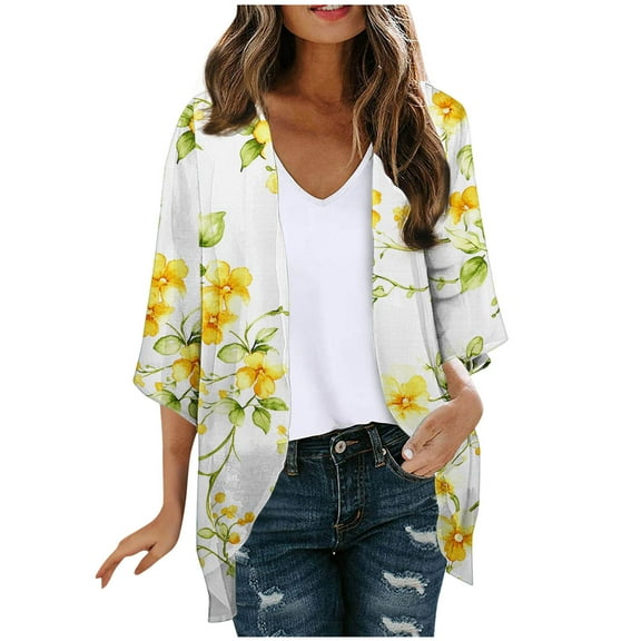 Htigea Womens 3/4 Sleeve Cardigan Trendy Print Cardigans Blouses Open Front Chiffon Cardigan Tops Yellow,L