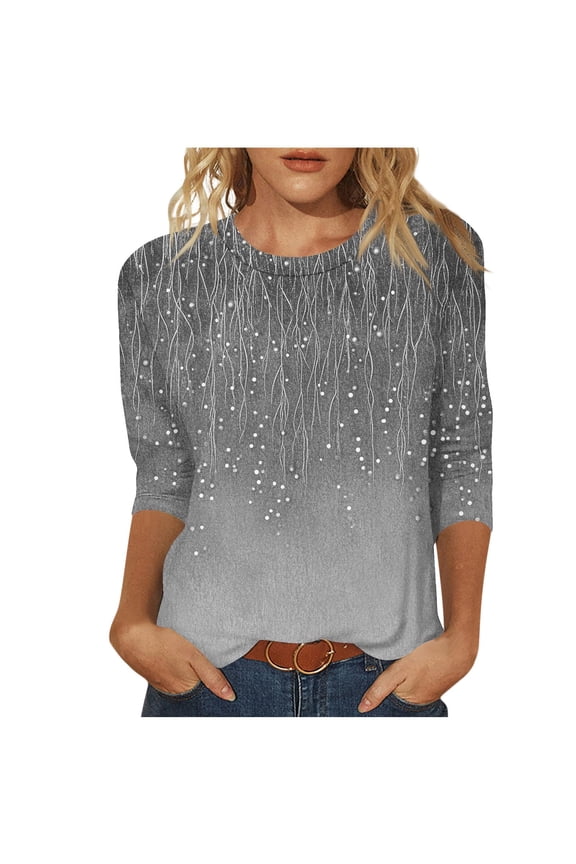 Womens 3/4 Sleeve Crew Neck Shirts Trendy Printed Pullover Top Tunic Shirt Casual Loose Fit Blouse Soft Comfy Three-Quarter Sleeve Tees Dark Gray,S