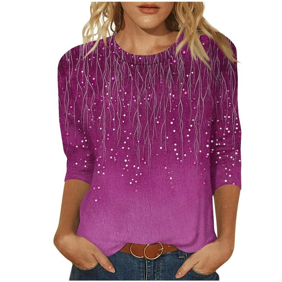 Htigea Womens 3/4 Sleeve Crew Neck Shirts Trendy Printed Pullover Top Tunic Shirt Casual Loose Fit Blouse Soft Comfy Three-Quarter Sleeve Tees Hot Pink,XXXXXL