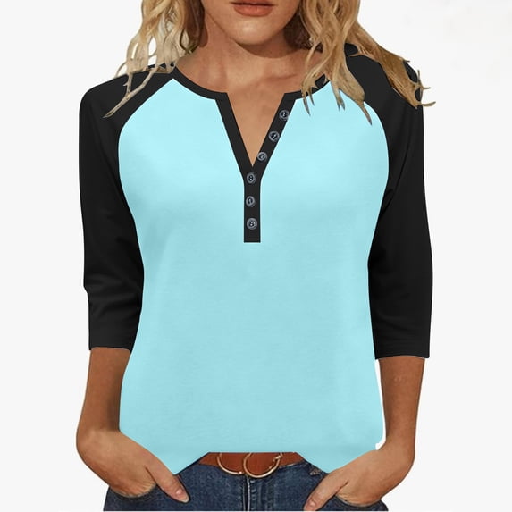 Htigea Womens 3/4 Sleeve Henley Tops Trendy Color Block Baseball Raglan Shirts Fall Button Neck Jersey Tees Blue XXL