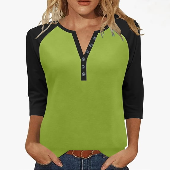 Htigea Womens 3/4 Sleeve Henley Tops Trendy Color Block Baseball Raglan Shirts Fall Button Neck Jersey Tees Green XXXL
