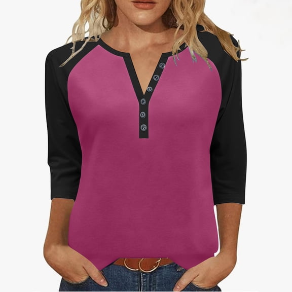 Htigea Womens 3/4 Sleeve Henley Tops Trendy Color Block Baseball Raglan Shirts Fall Button Neck Jersey Tees Hot Pink L